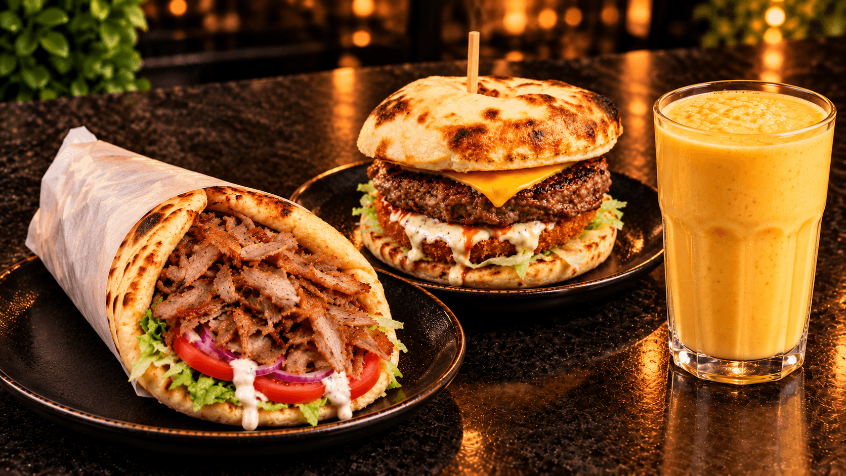 Les Spécialités : sandwich et burger cheese naan, lassi